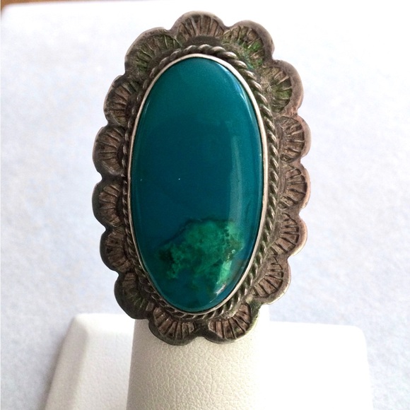 Vintage Native American Statement Ring - Sterling w Gel Chrysocolla - Size 5 - Picture 9 of 9